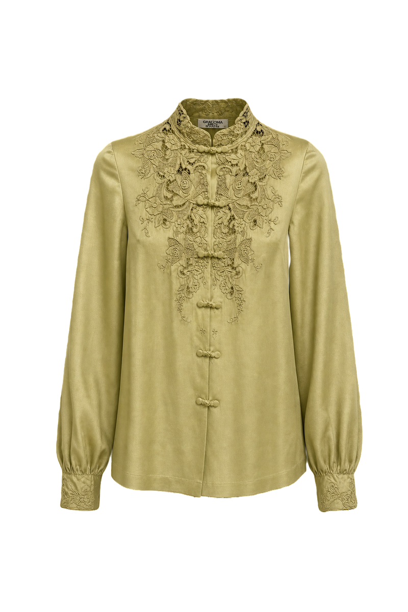 1990s Pale Green Silk Blouse - Front View