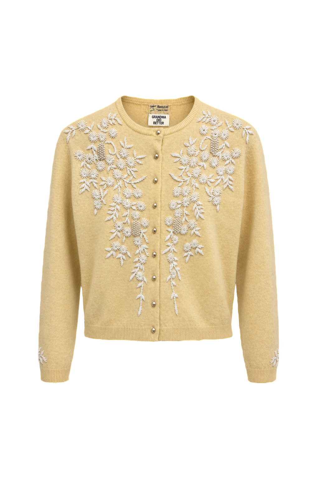 1950s Pale Yellow Wool Cardigan - Front View