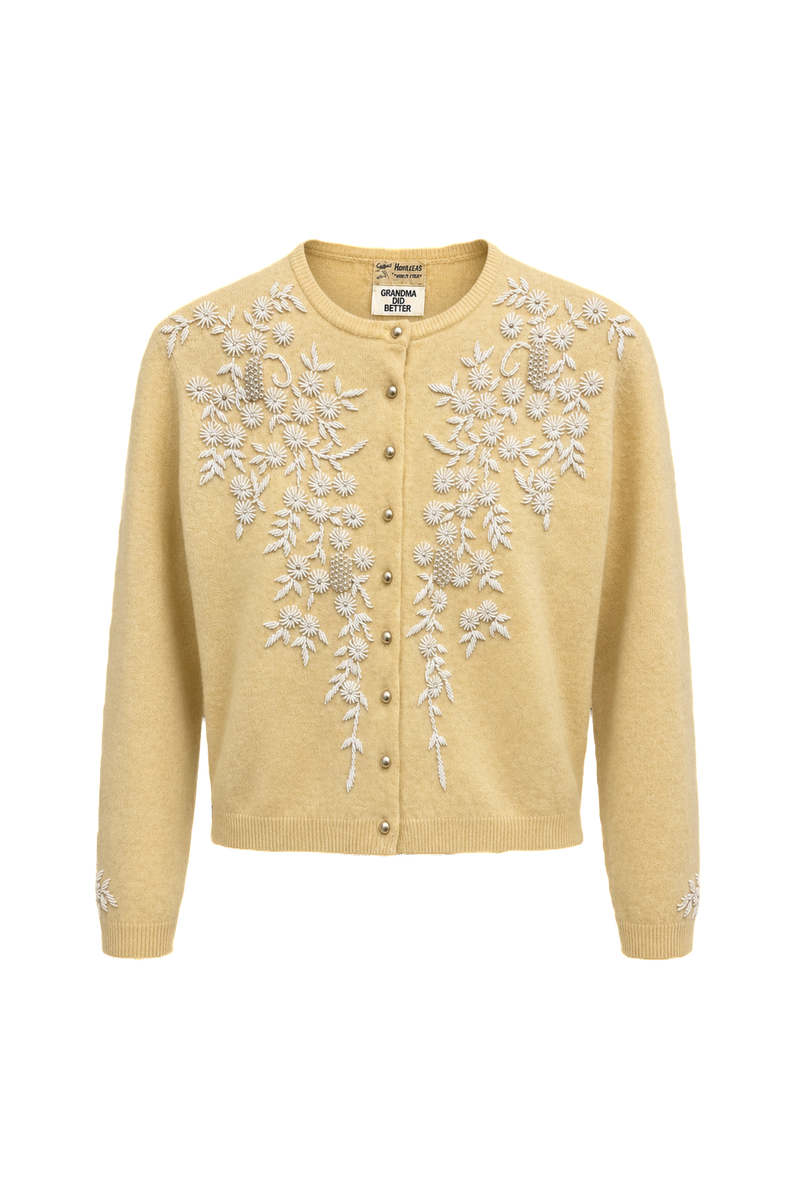 1950s Pale Yellow Wool Cardigan - Front View