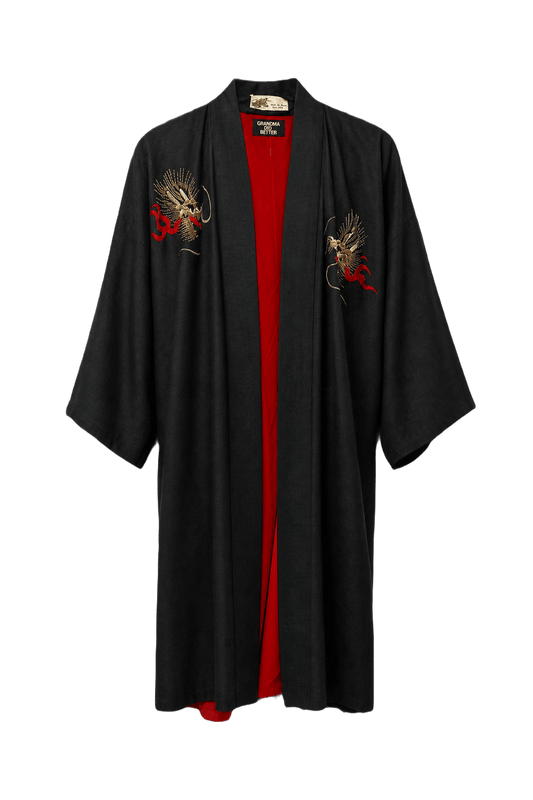 1970s Black Silk Kimono - Front View