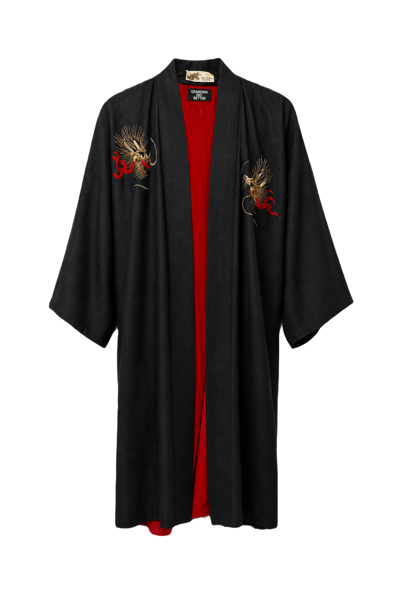 1970s Black Silk Kimono - Front View
