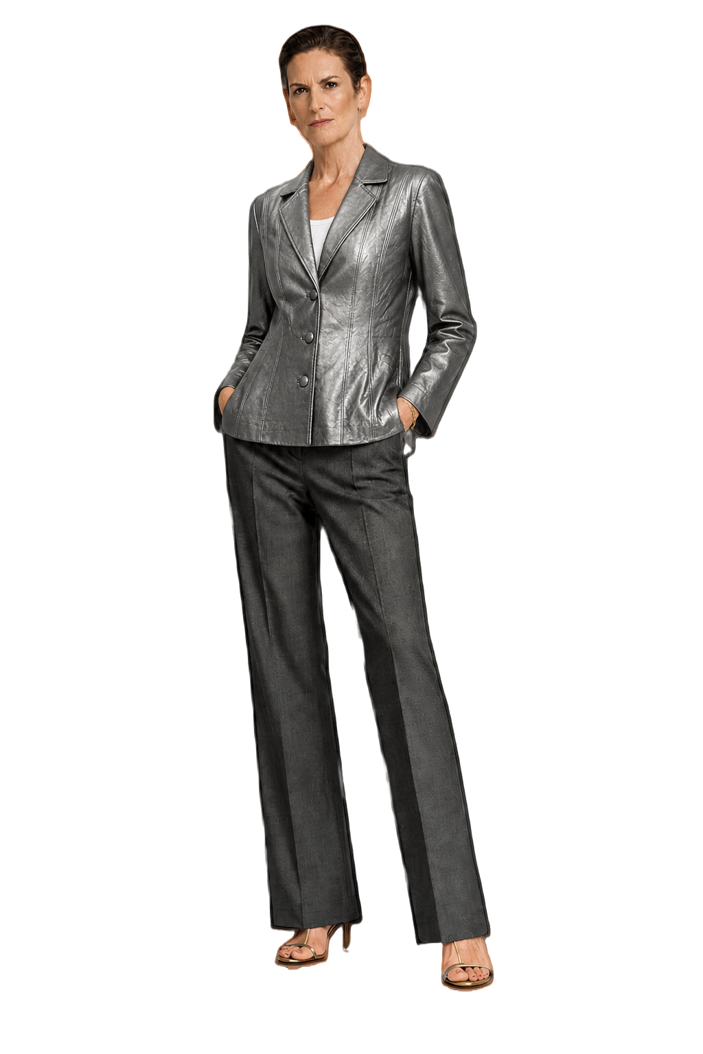 1990s Metallic Silver Leather Jacket - Model
