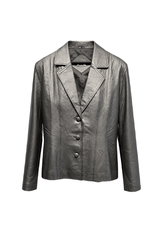 1990s Metallic Silver Leather Jacket - Front View