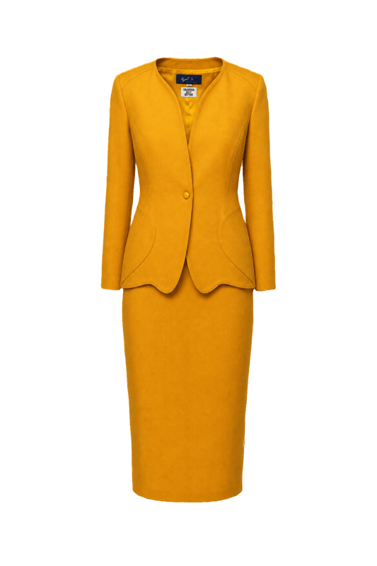 1990s Mustard Yellow Wool Blend 2-Piece Skirt Suit - Front View