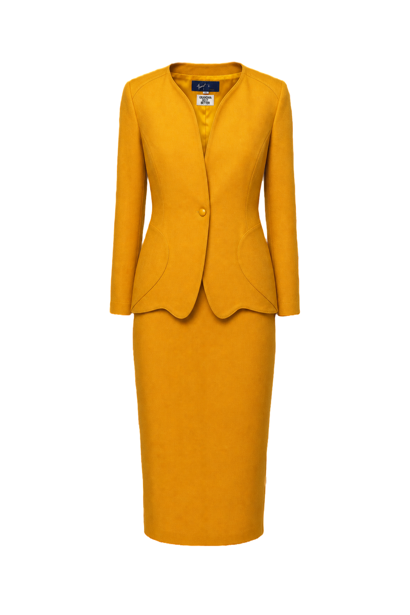1990s Mustard Yellow Wool Blend 2-Piece Skirt Suit - Front View