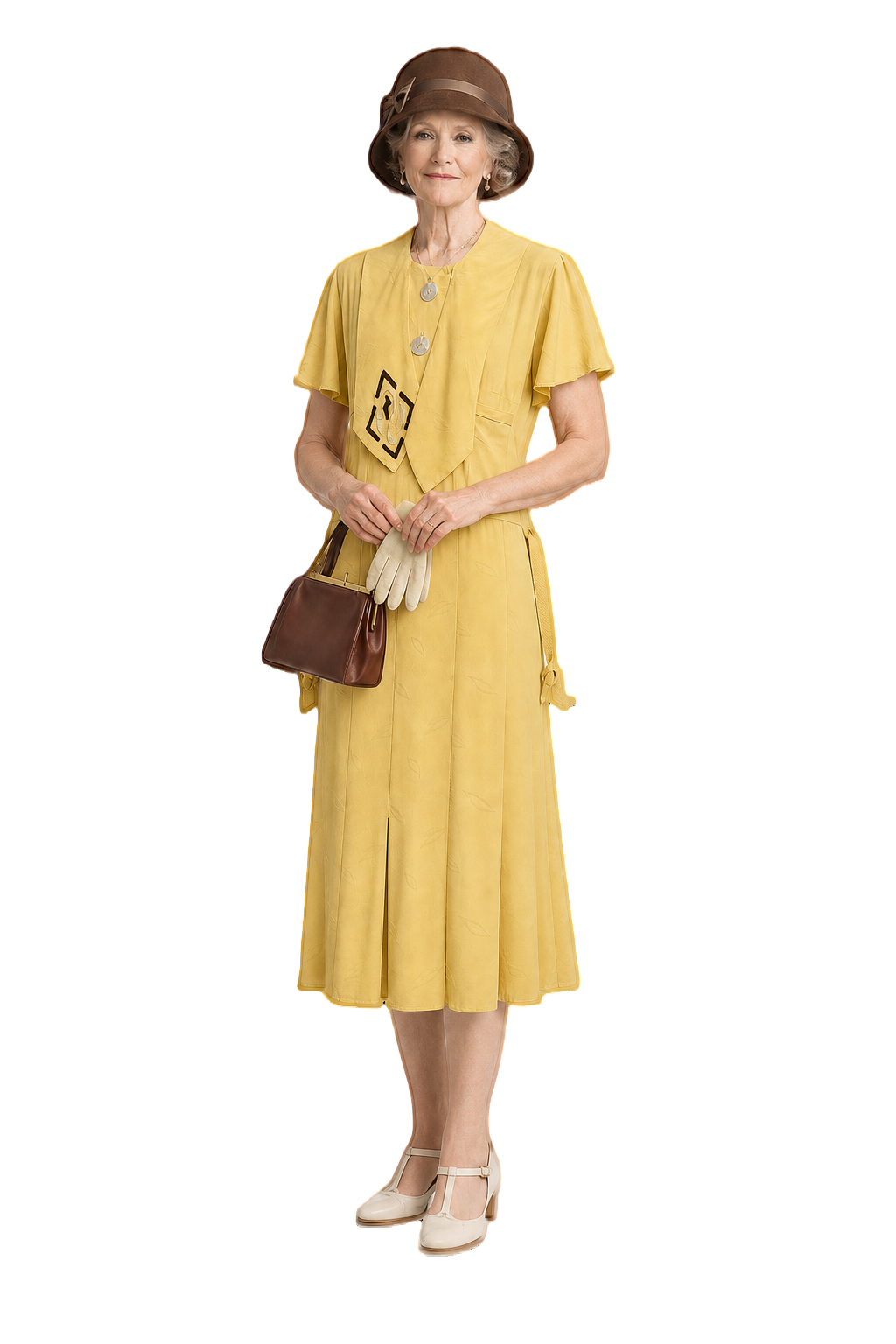 1920s Cream Yellow Silk Dress - Model