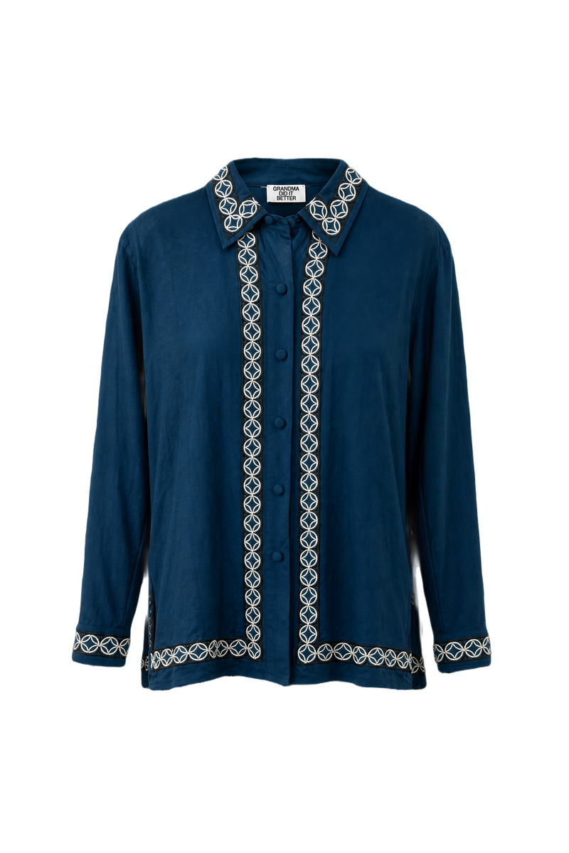 1980s Teal Blue Polyester Blouse - Front View