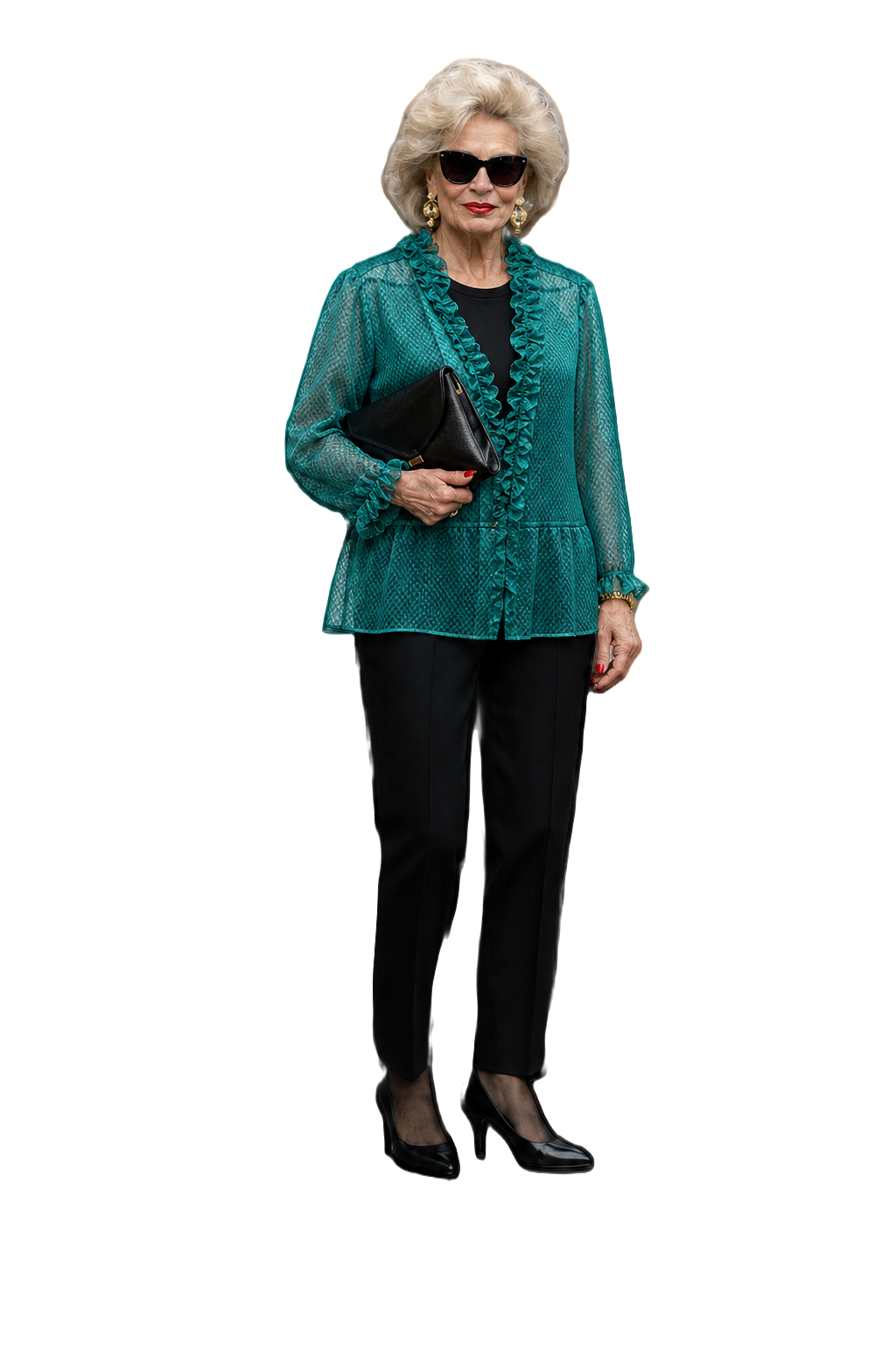 1980s Teal Polyester Blouse - Model