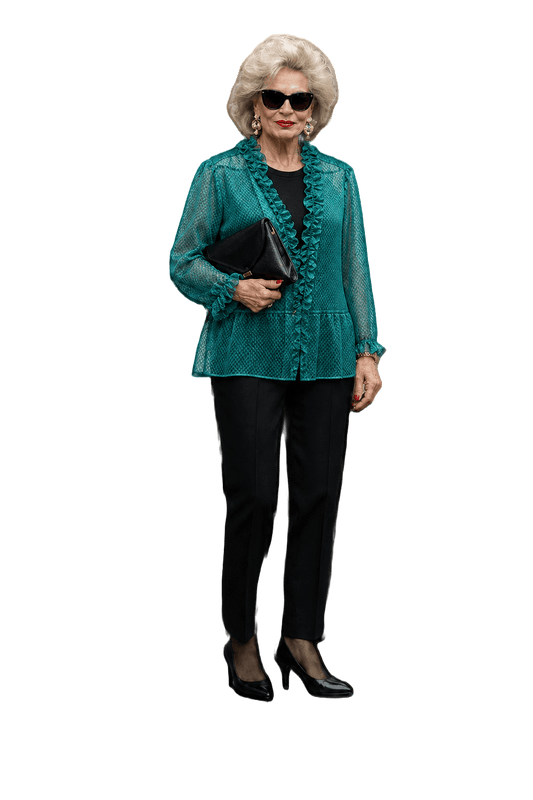 1980s Teal Polyester Blouse - Model