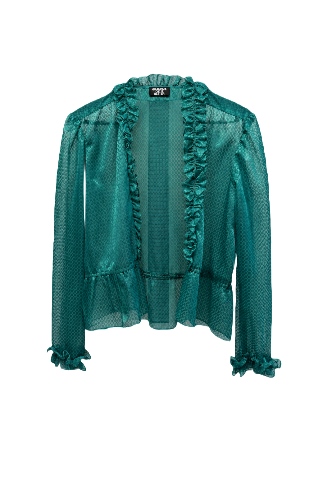 1980s Teal Polyester Blouse - Front View