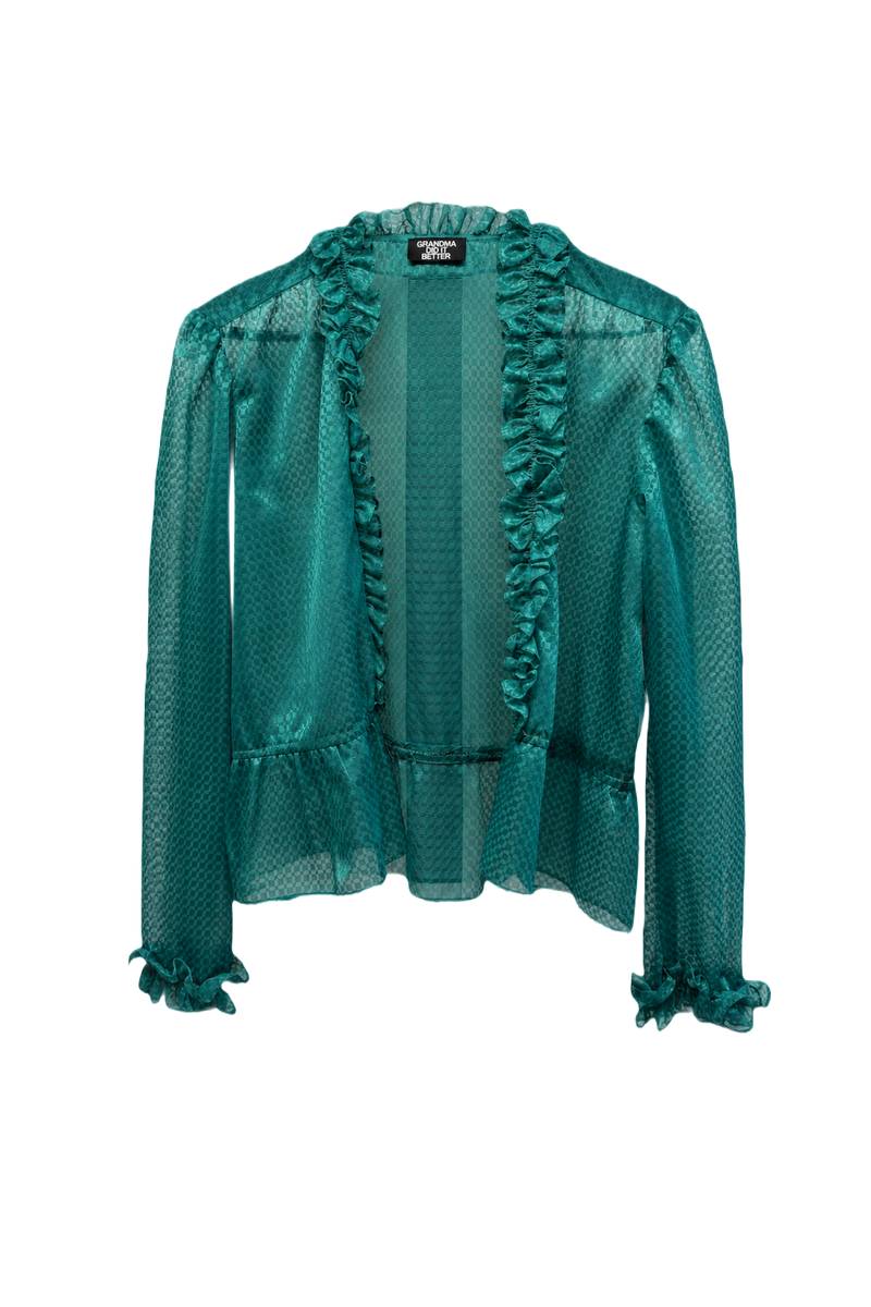 1980s Teal Polyester Blouse - Front View