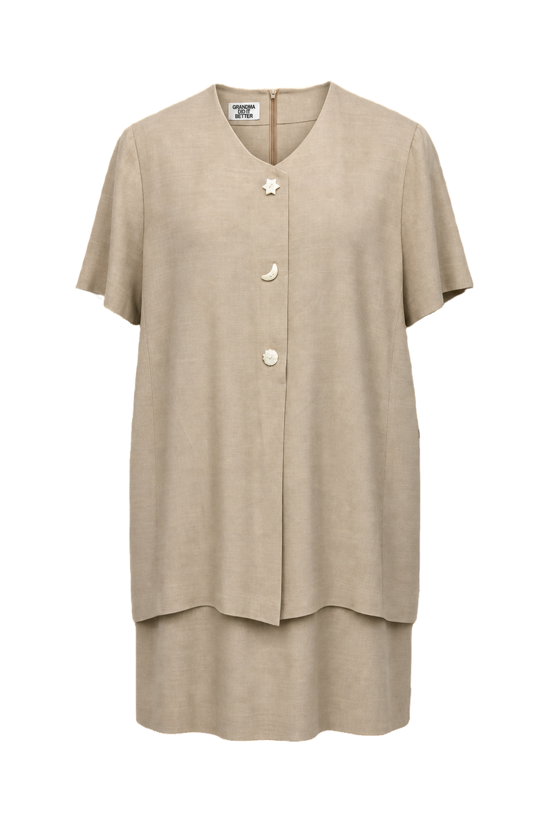1980s Beige Cotton Blend Dress - Front View