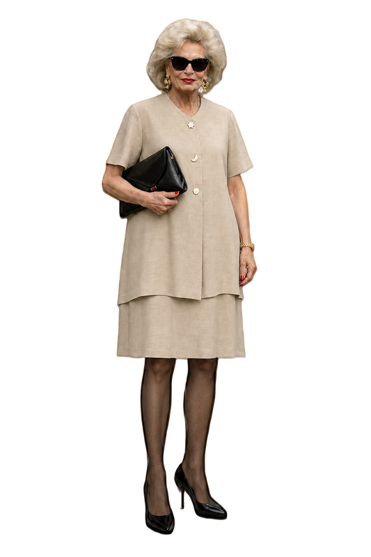1980s Beige Cotton Blend Dress - Model