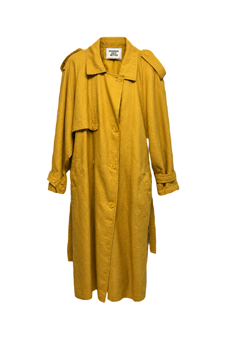 1980s Mustard Yellow Cotton Trench Coat - Front View