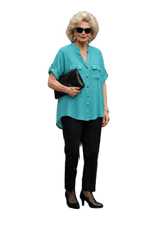 1980s Teal Cotton Blend Shirt - Model