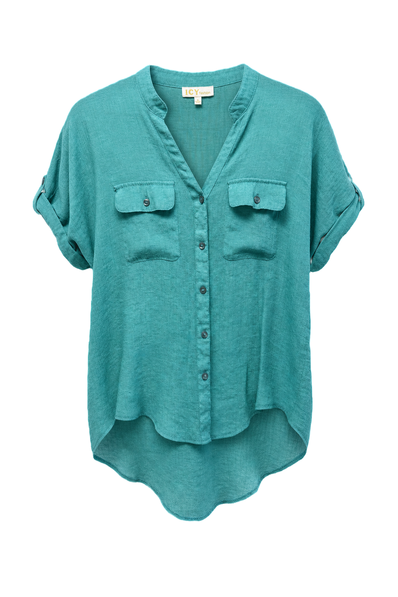 1980s Teal Cotton Blend Shirt - Front View
