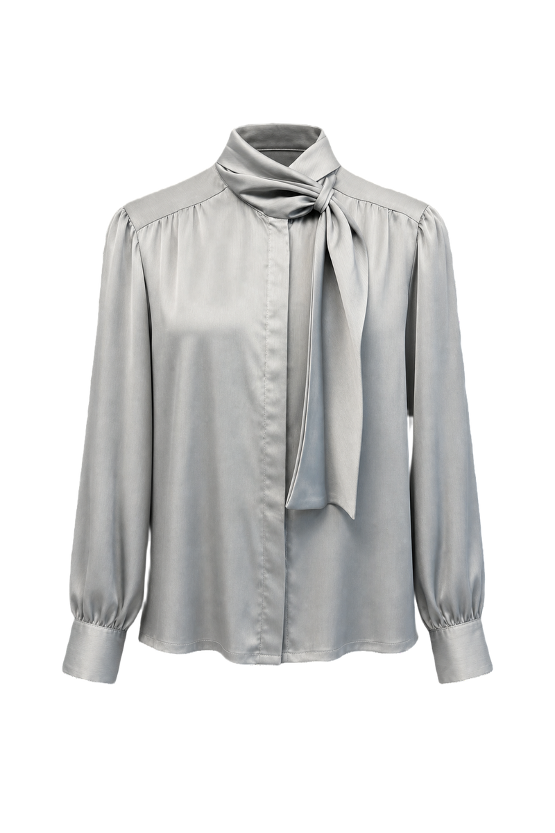 1980s Light Grey Silk Blouse - Front View