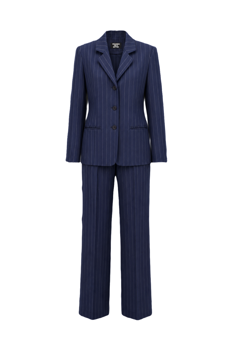 1990s Navy Blue Wool Blend Blazer + Trousers - Front View