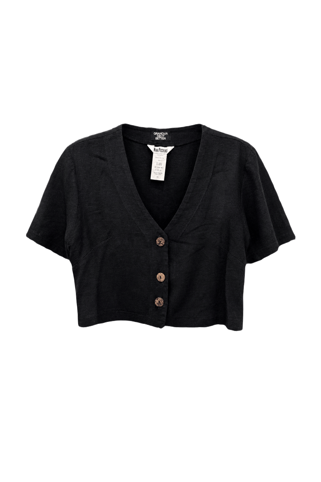 1980s Black Linen Blend Blouse - Front View