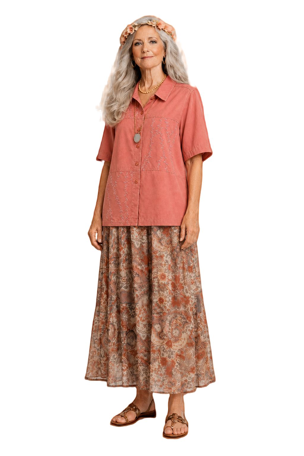 1970s Coral Cotton Shirt - Model