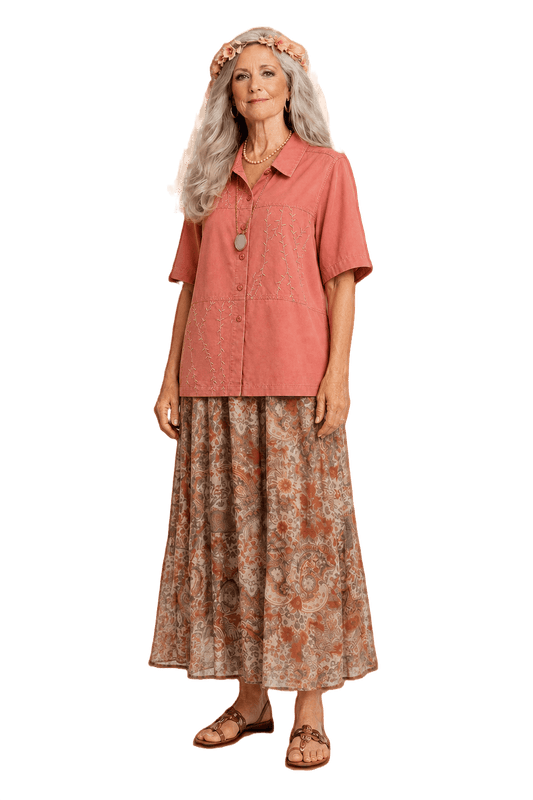1970s Coral Cotton Shirt - Model