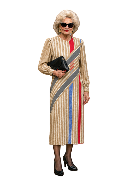 1980s Beige with Multicolor Polyester Dress - Model