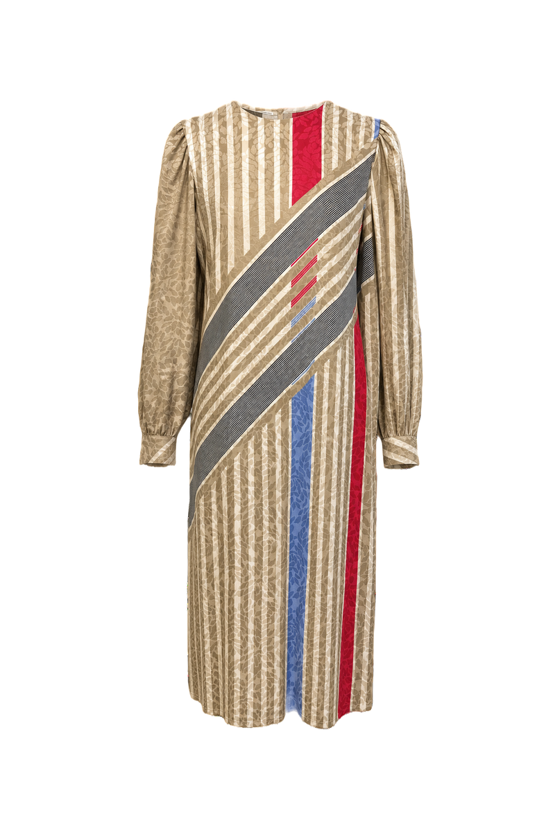 1980s Beige with Multicolor Polyester Dress - Front View