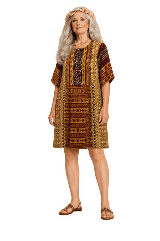 1970s Burgundy Cotton Blend Dress - Model