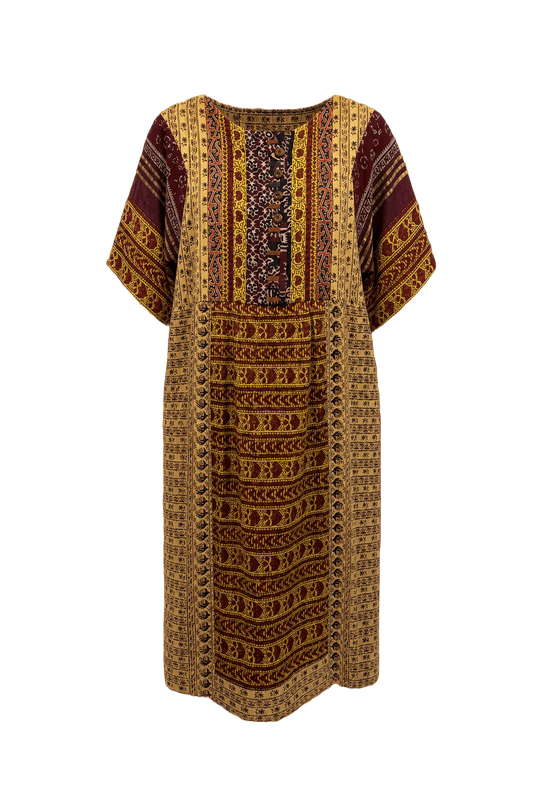 1970s Burgundy Cotton Blend Dress - Front View