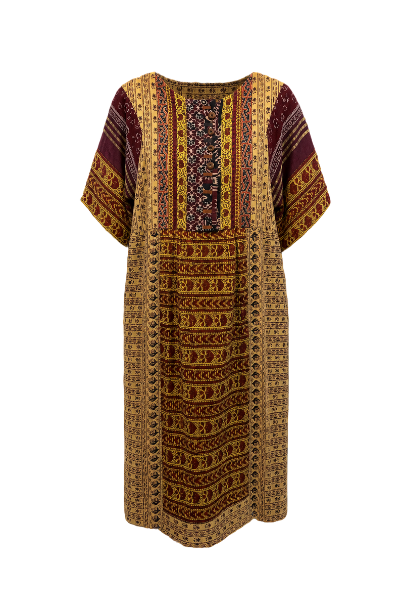 1970s Burgundy Cotton Blend Dress - Front View