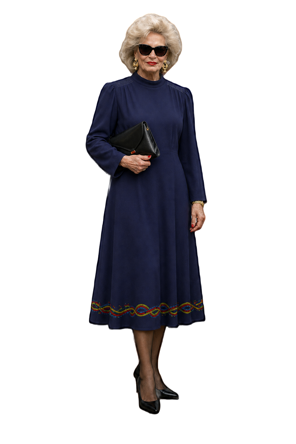 1980s Navy Blue Polyester Dress - Model
