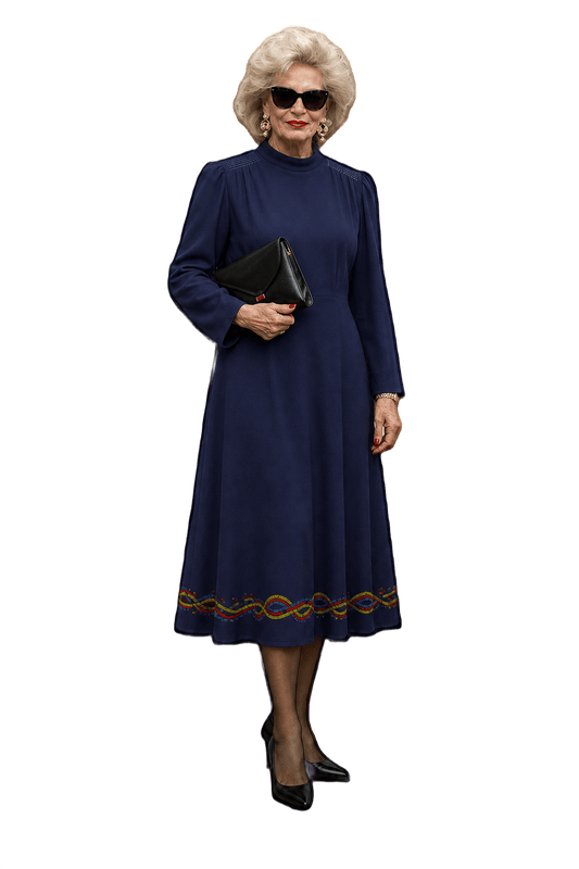 1980s Navy Blue Polyester Dress - Model