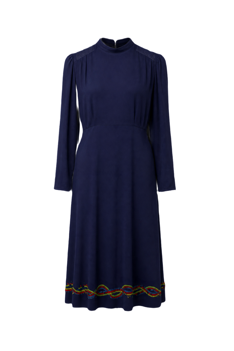 1980s Navy Blue Polyester Dress - Front View