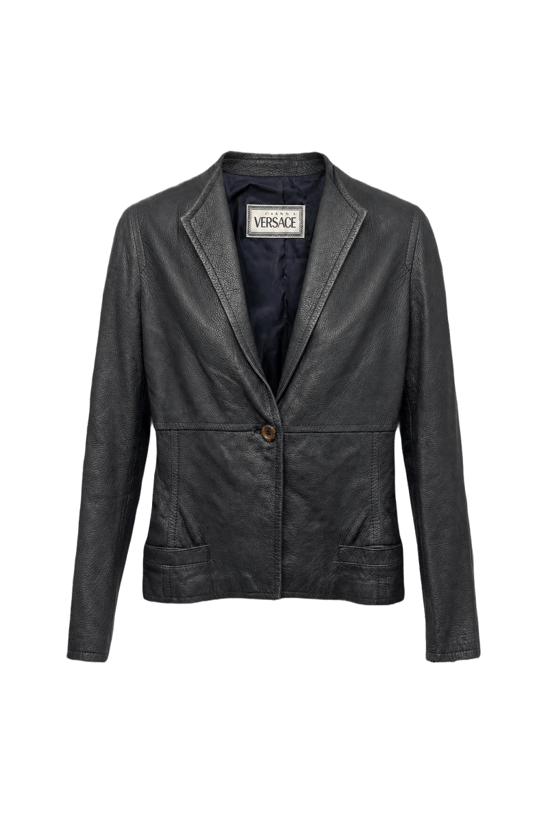 1990s Dark Grey Leather Blazer - Front View