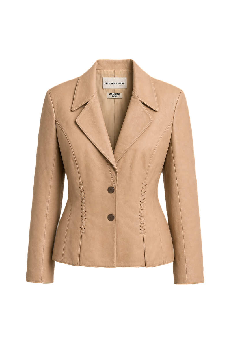1990s Cream Beige Leather Jacket - Front View