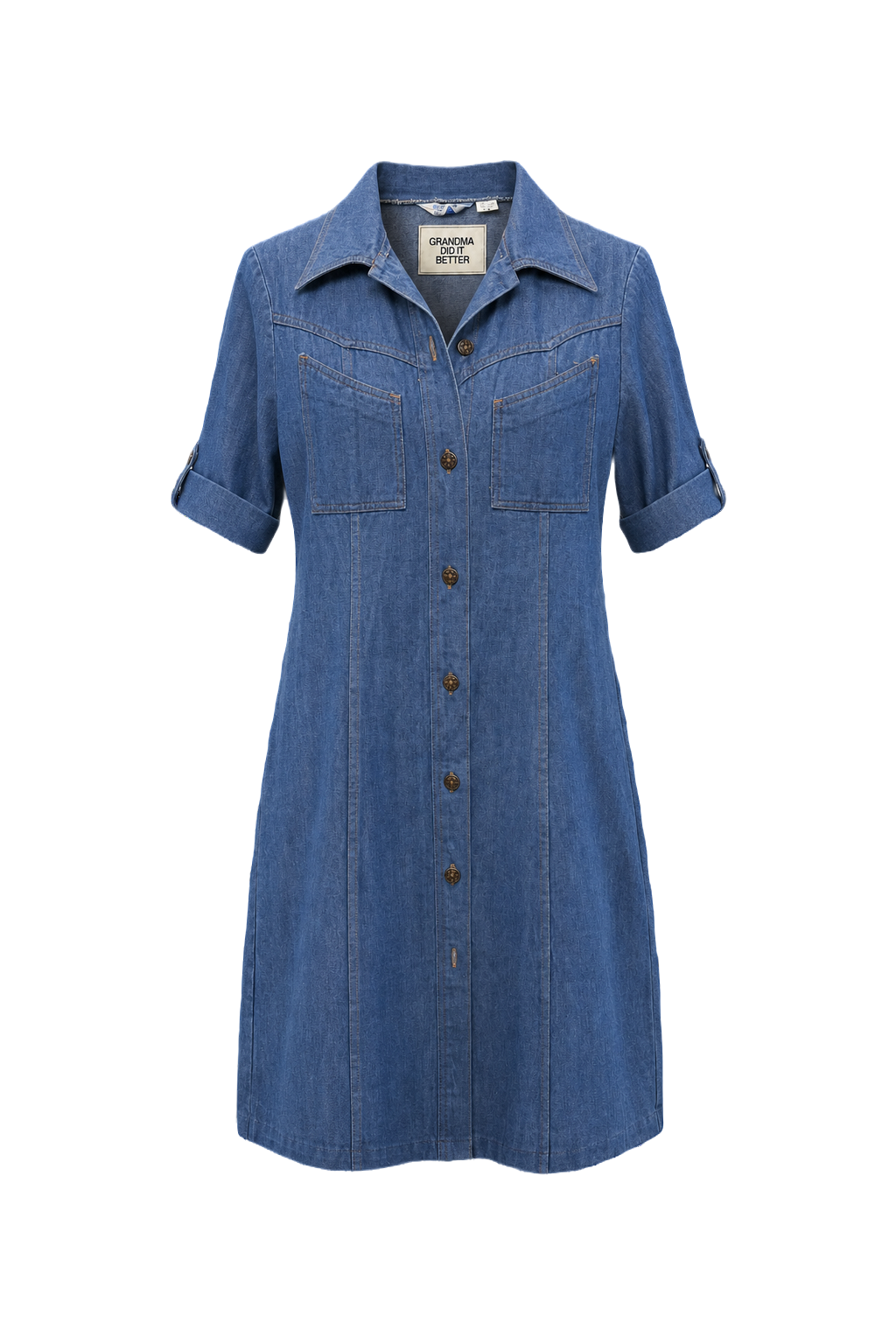 1970s Light Blue Denim Shirt Dress - Front View