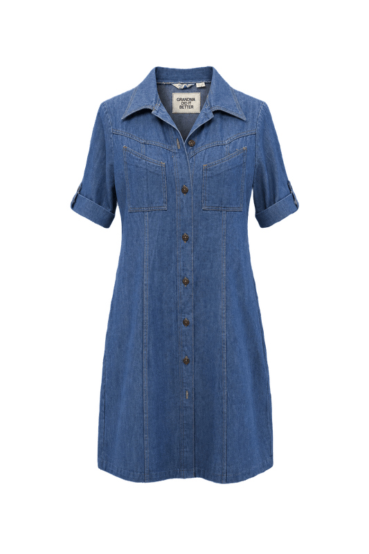 1970s Light Blue Denim Shirt Dress - Front View