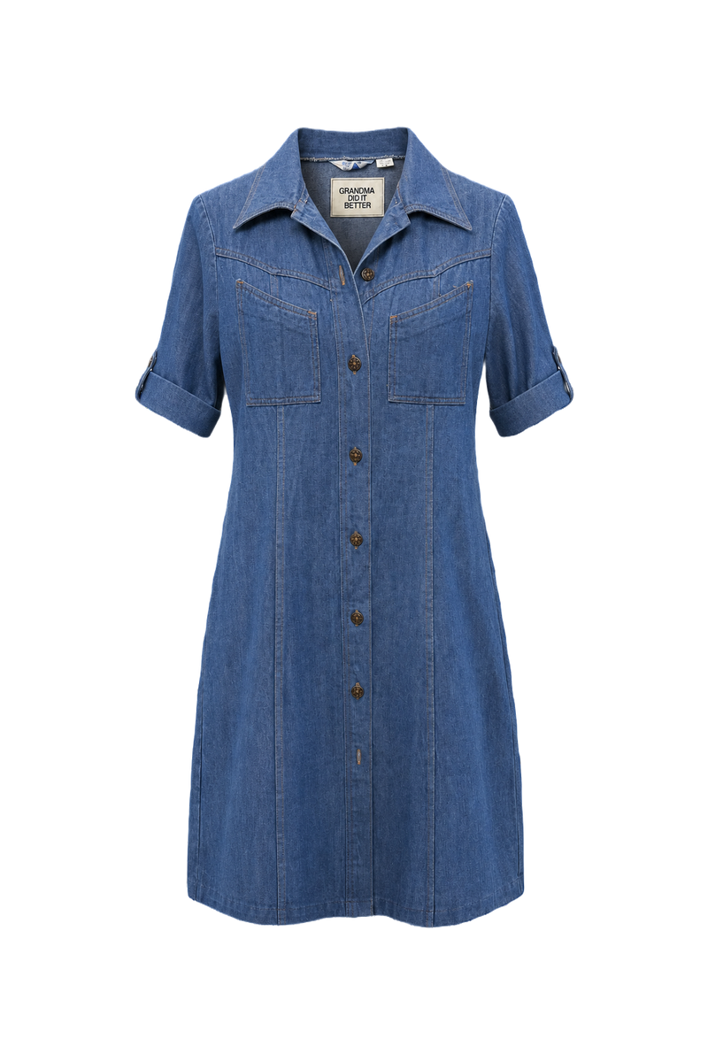 1970s Light Blue Denim Shirt Dress - Front View