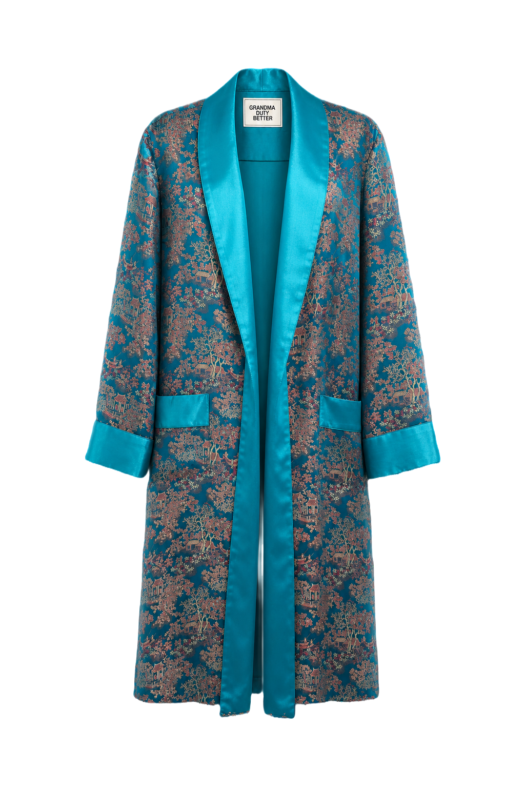 1970s Turquoise Silk Robe - Front View