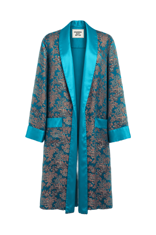 1970s Turquoise Silk Robe - Front View