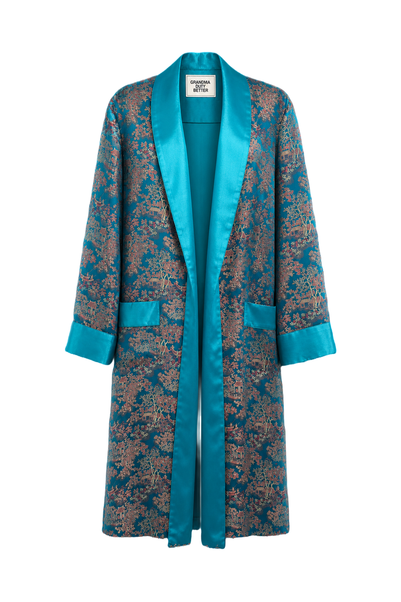 1970s Turquoise Silk Robe - Front View