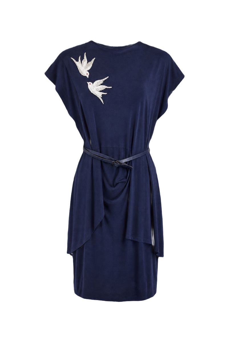 1930s Navy Blue Rayon Dress - Front View