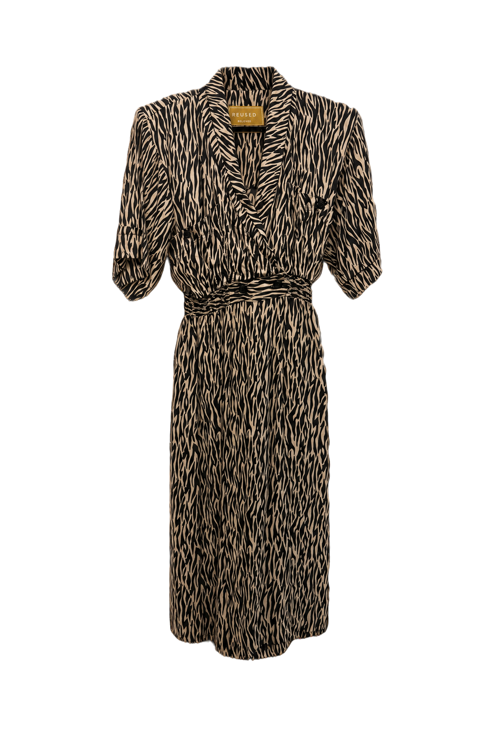 1980s Black and Beige Polyester Dress - Front View