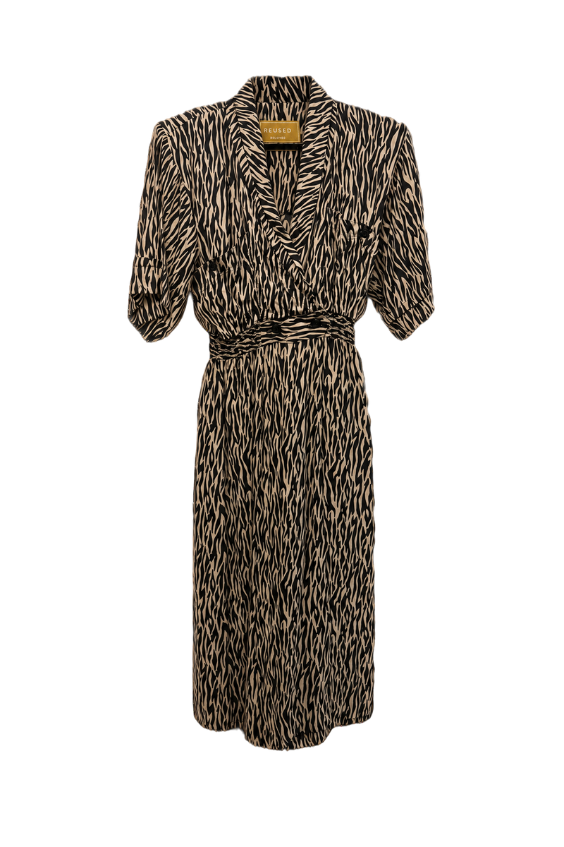 1980s Black and Beige Polyester Dress - Front View