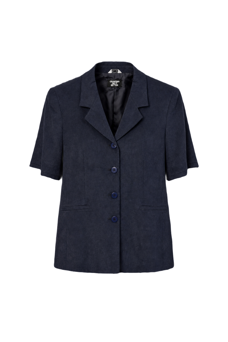 1980s Navy Blue Wool Blend Blazer - Front View