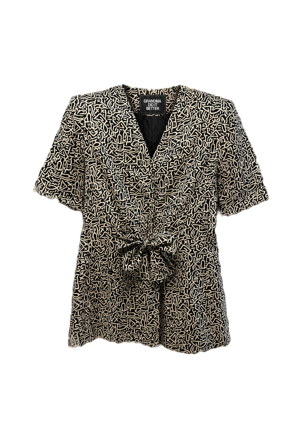 1980s Black and White Cotton Blend Blouse - Front View