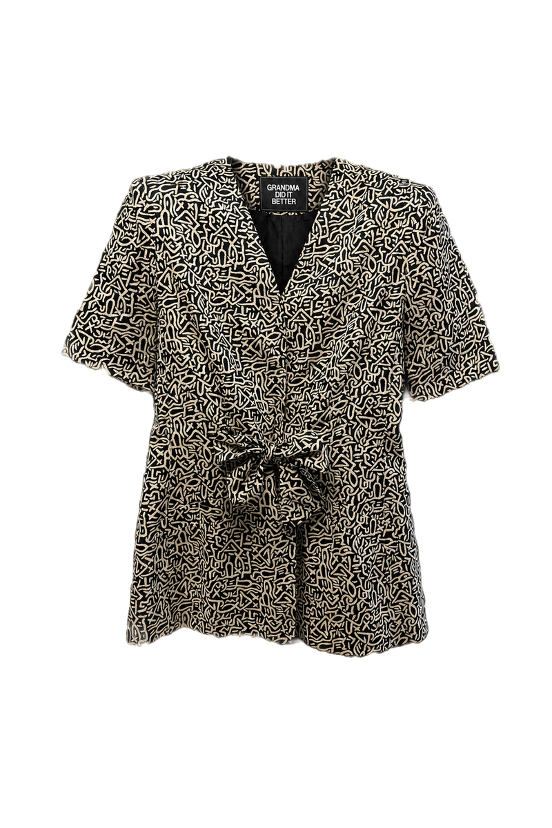 1980s Black and White Cotton Blend Blouse - Front View