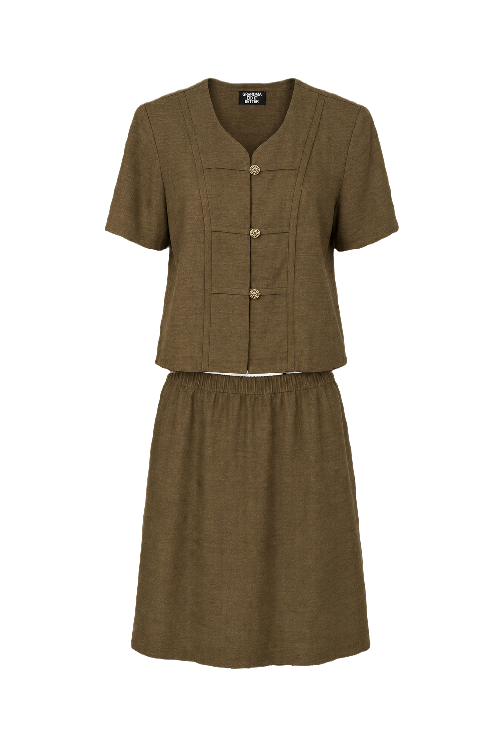 1960s Olive Green Synthetic Blend Blouse + Skirt Set - Front View