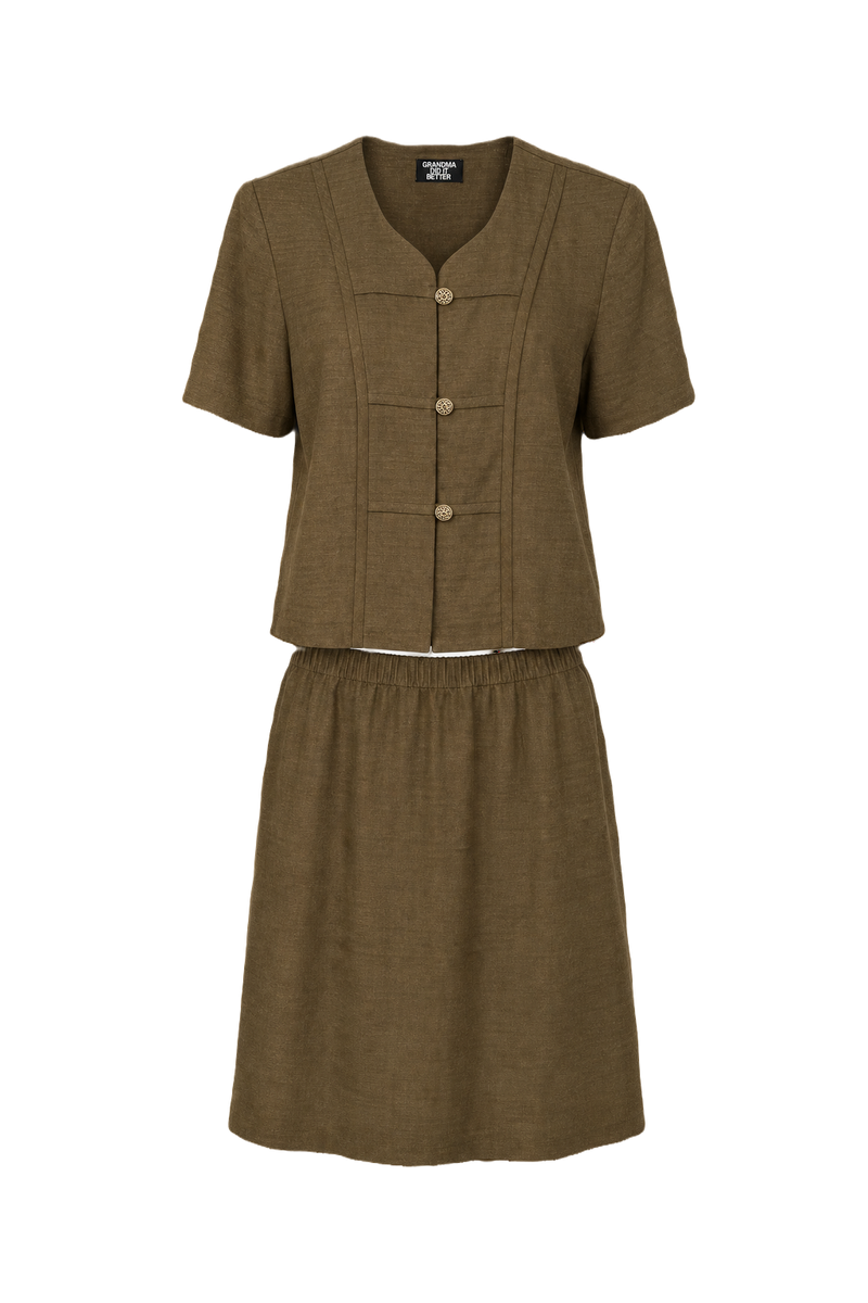 1960s Olive Green Synthetic Blend Blouse + Skirt Set - Front View