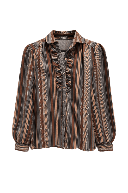 1980s Brown Striped Synthetic Blend Blouse - Front View
